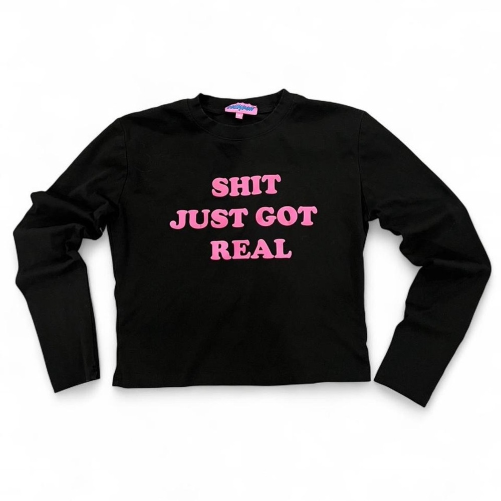 Edikted Black Long Sleeve Cropped Top with Pink Text